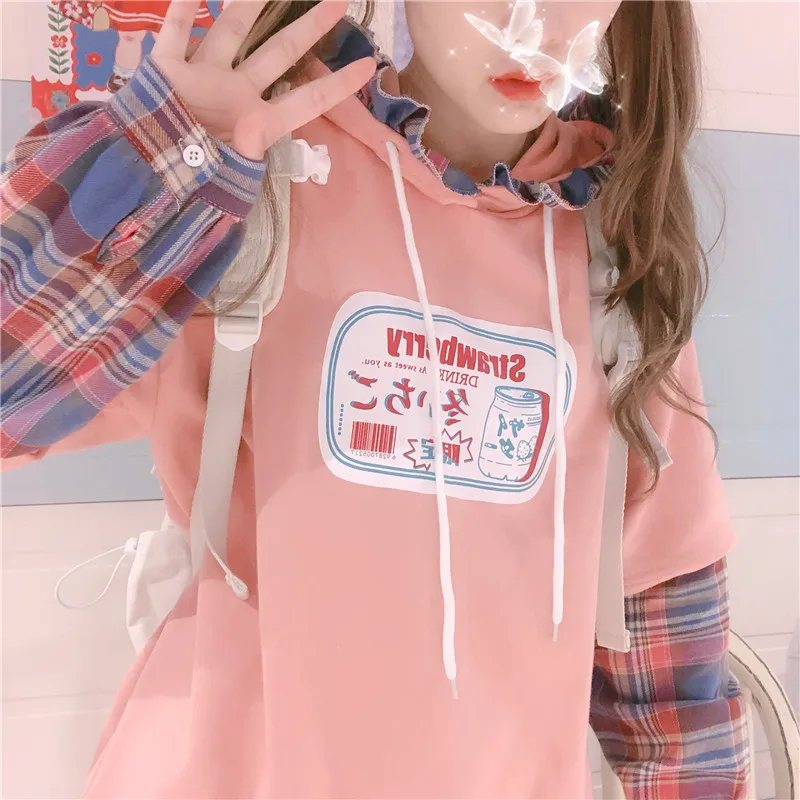

Autumn Original Fake Two Hooded Women Korean Sweet Soft Sister Wave Selvedge Cartoon Print Hoodies Girl Pullover Student Tops