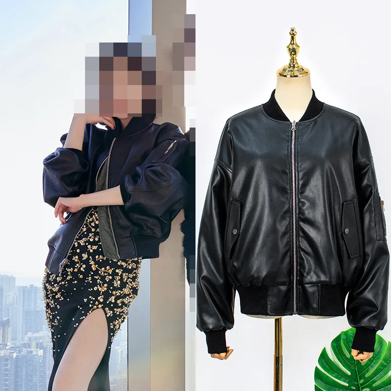 Faux Leather Jacket Women 2022 Spring Black Loose Motorcycle Leather Jacket With Cotton Lining Coat Female Outwear
