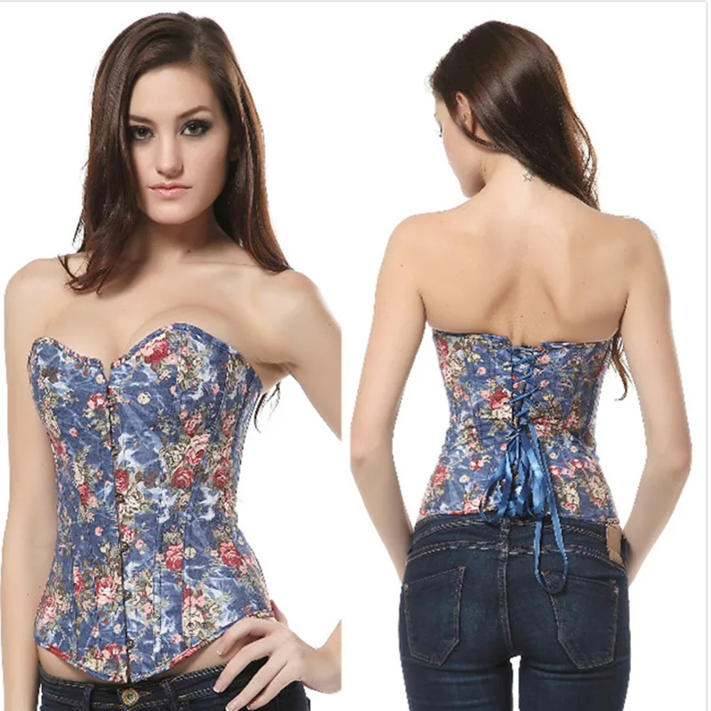 Для женщин сексуальный Классический Джинсовый корсет с цветочным рисунком