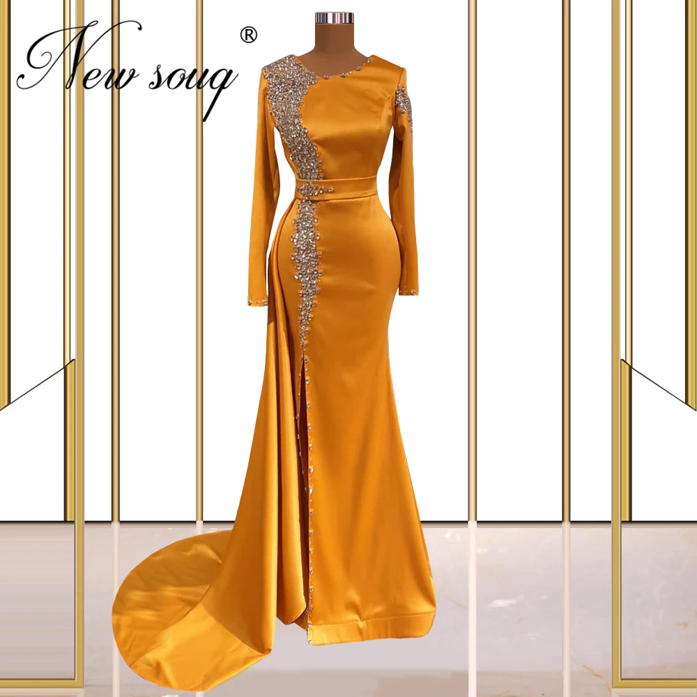 

Robes Dubai Beaded Crystals Long Evening Gowns Gold Satin Couture Arabic Mermaid Prom Dress Women Celebrity Dress Vestidos Festa