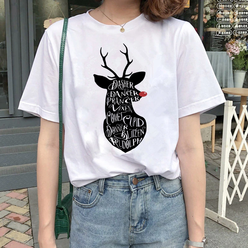Женская футболка с рисунком Санты снеговика оленя размера плюс футболки