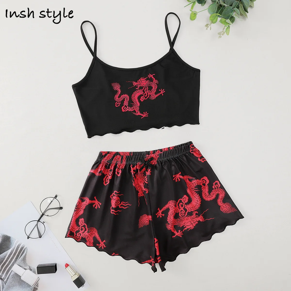 

Camisole 2021 Summer Women's Pijamas Set Sling Short Sleeve Cartoons Lucky Prints Sleeveless Spaghetti Strap