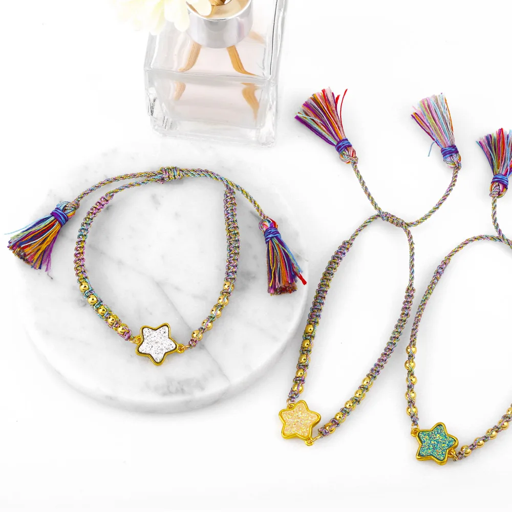 Радужная плетеная веревочная цепочка браслет с друзой звездой для женщин ободок