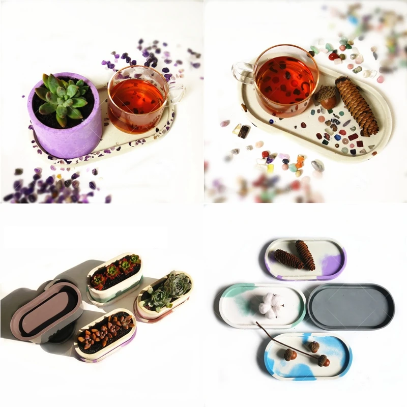 

2Pcs Oval Concrete Flower Pot Tray Silicone Mold Succulent Planter Resin Mold 83XF