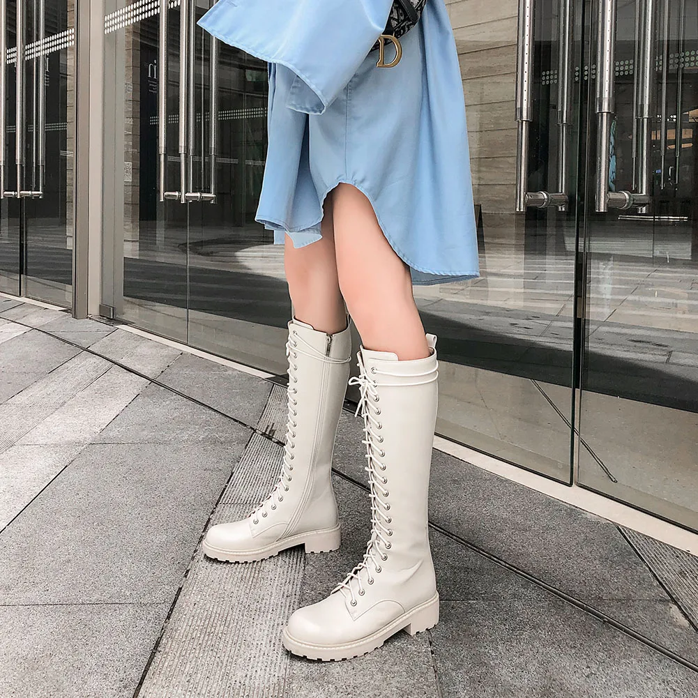 

DORATASIA Fashion Designer New Shoes Casual Boots Women Genuine Leather Round Toe shoes lace Low Heel Mid Calf Boots