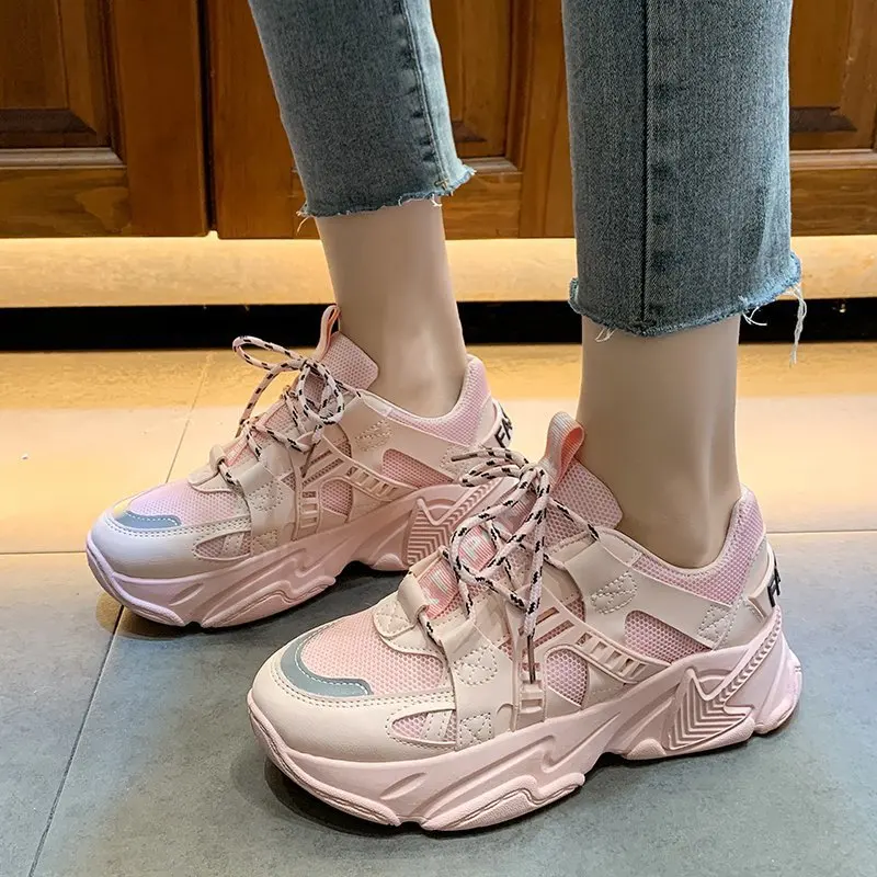 

Spring New Casual Women Running Sneakers Round Toe Lace-Up Pink Platform Shoes Woman Fashion White Thick Bottom Travel Shoe