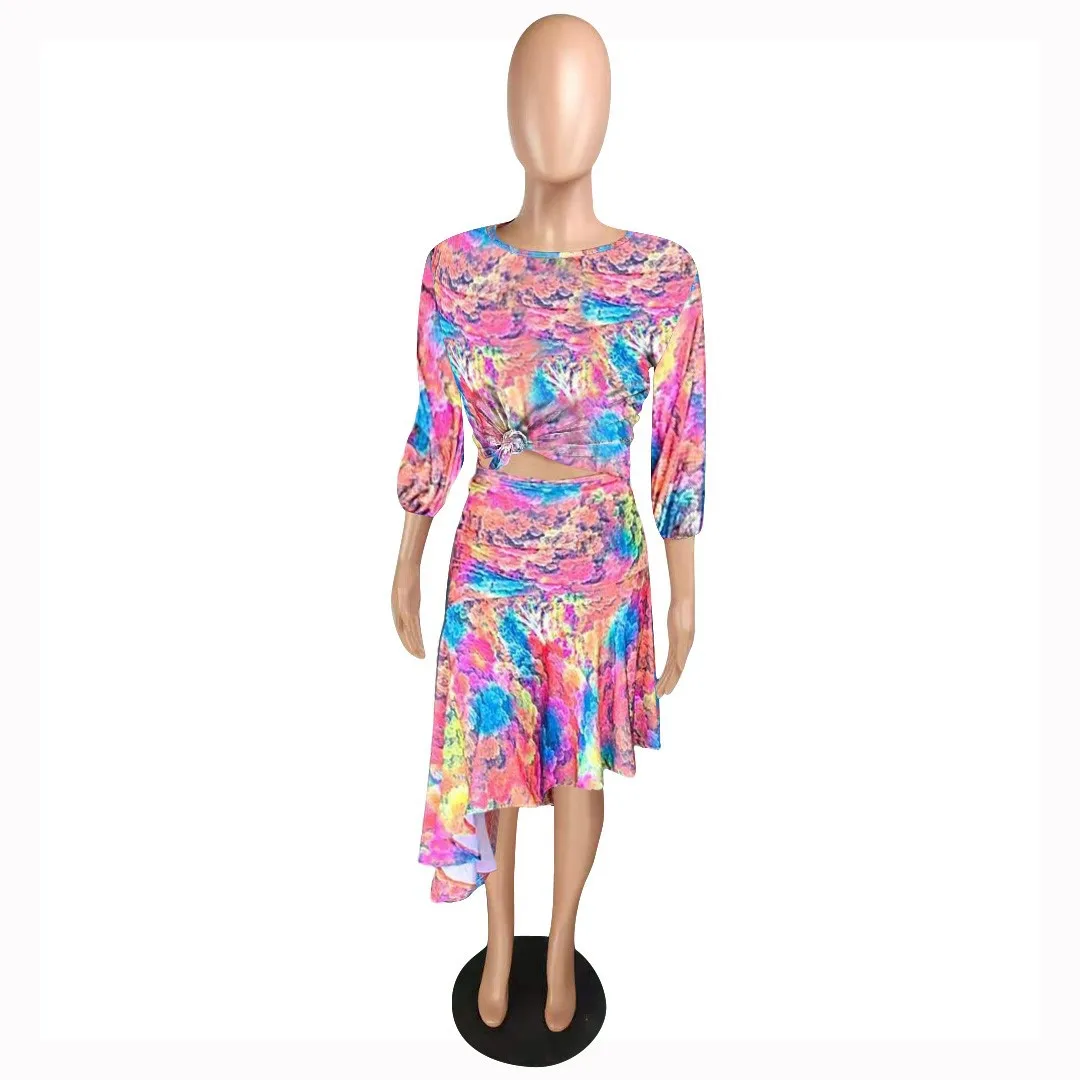 

Harajuku Autumn and Winter Women's High Waist Skirt Set Fashion Printed Skirt Two Piece Set Casual Irregular Skirt Set