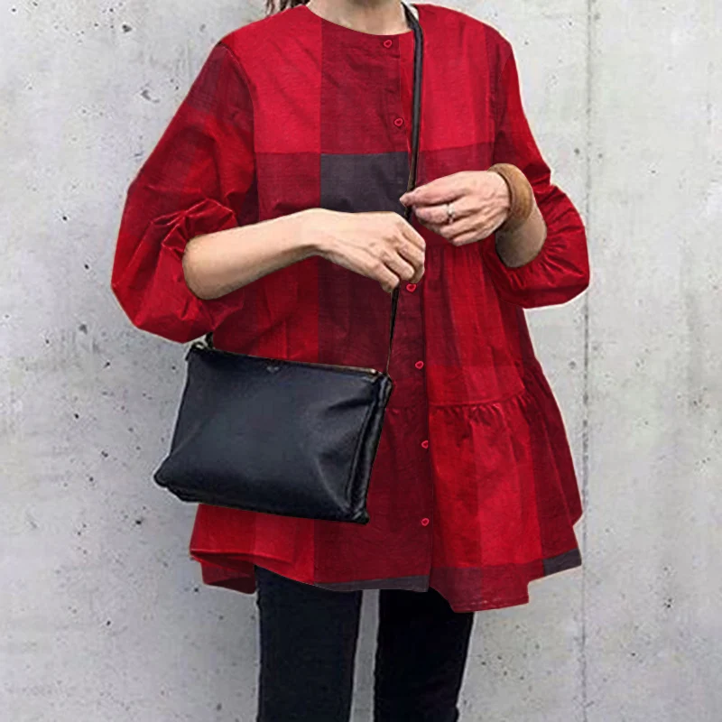 

ZANZEA Women Vintage Plaid Printed Blouse Shirts 2022 Spring Autumn Puff Sleeve Ruffle Tops Casual A-line Loose Oversized Blusa