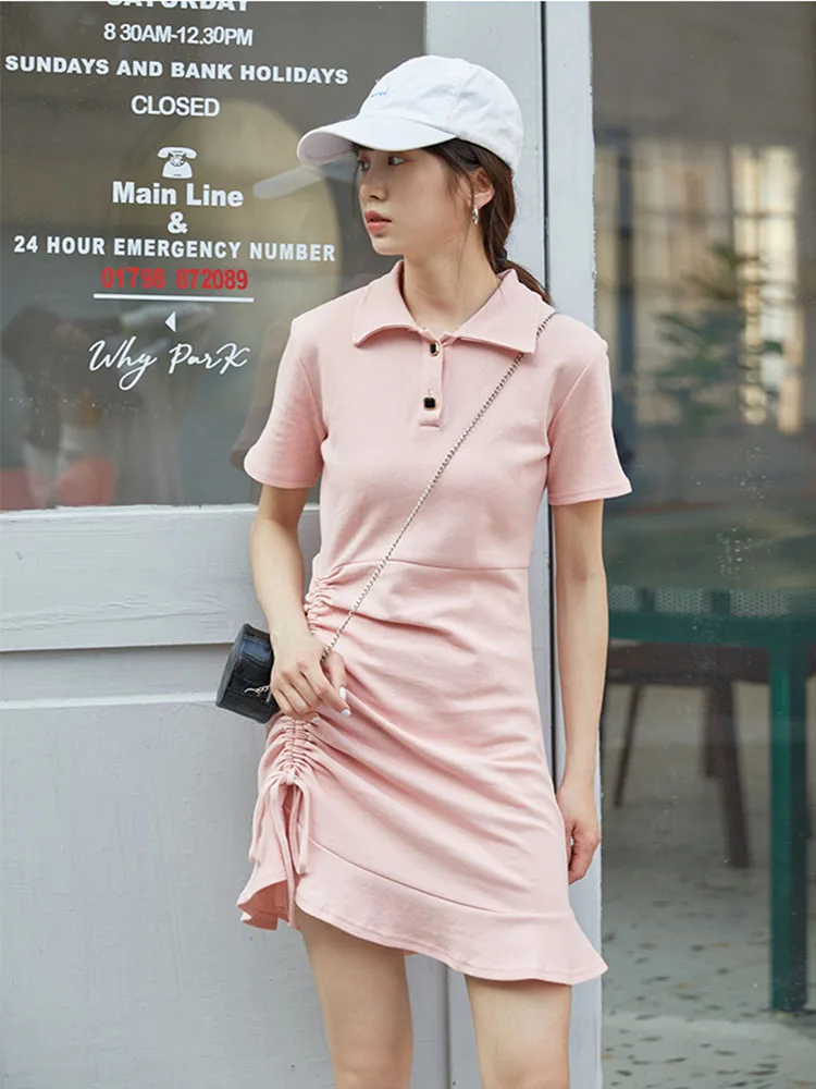 

Pink Fashion Vintage Drawstring Ruffles Short Dresses For Women 2021 Summer New Arrivals