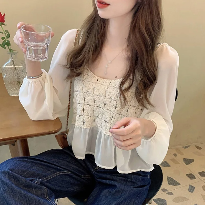 

Early Autumn Hollow Crochet Flower Slimming Long-sleeved Chiffon Women's Blouse