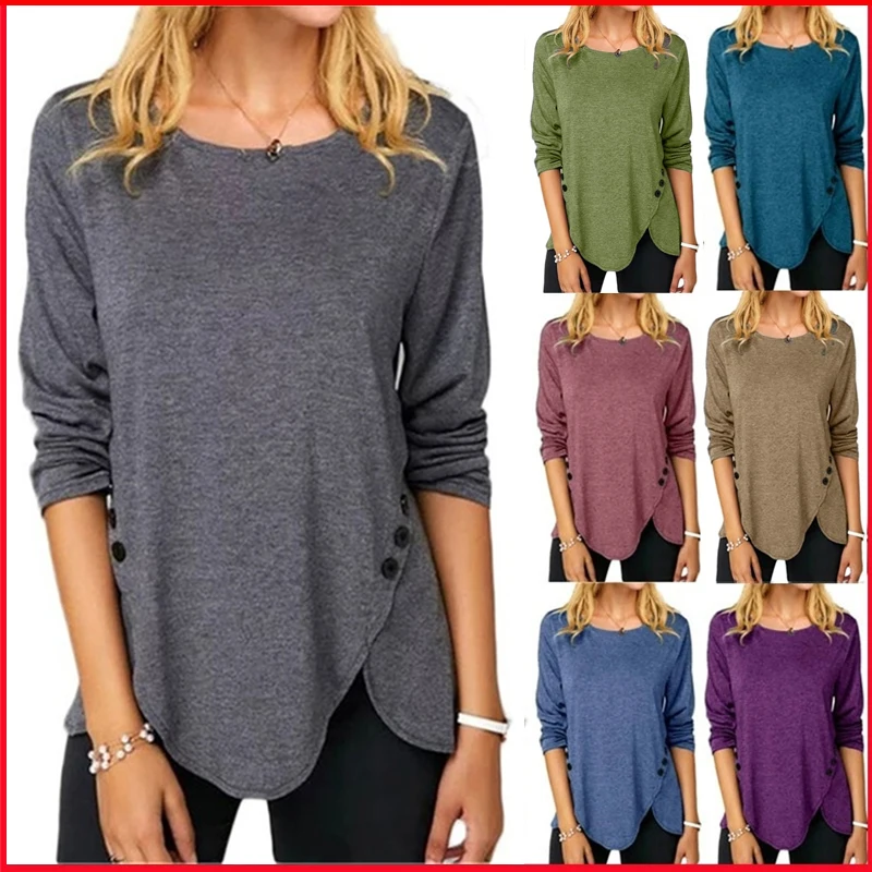 Купи Women Clothing Solid Color Loose Casaul Irregular Long Pullovers Tops Tee Shirt Femme Button O Neck Long Sleeved Tunic T-Shirt за 700 рублей в магазине AliExpress