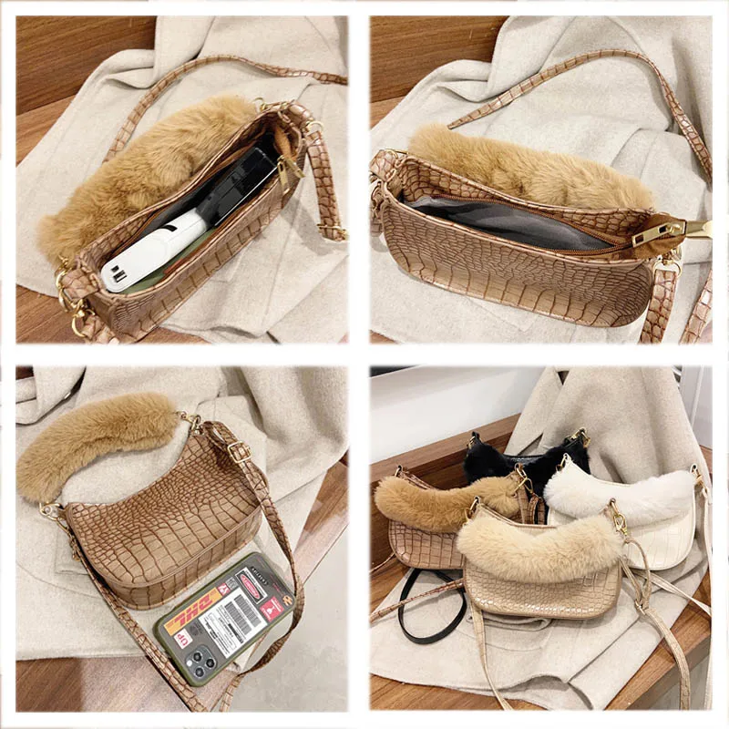

Winter Women's Shoulder Bag Fashion Soft Leather Crossbody Bags Female Plush Handbag Phone Pack High-quality Luxury Women Bag