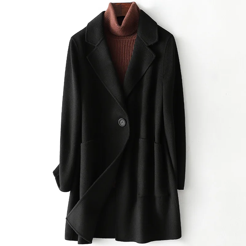 

Fashion Double-sided Wool Medium Coats Women's Suit Collar Woolen Loose Jackets Female Spring Autumn Lapel Outwear Plus Size