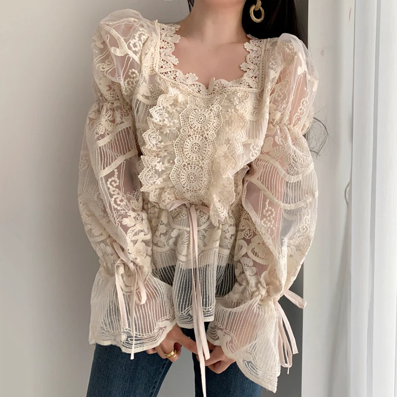 

French court style square collar leaky clavicle heavy industry lace hook flower shirt lace up slim waist bubble sleeve blouse