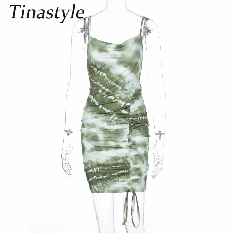 

Tinastyle Printted Spaghetti Strap Pleated Sexy Mini Dress Women Strapless Bodycon Drawstring Party Dress Casual Short Vestidos
