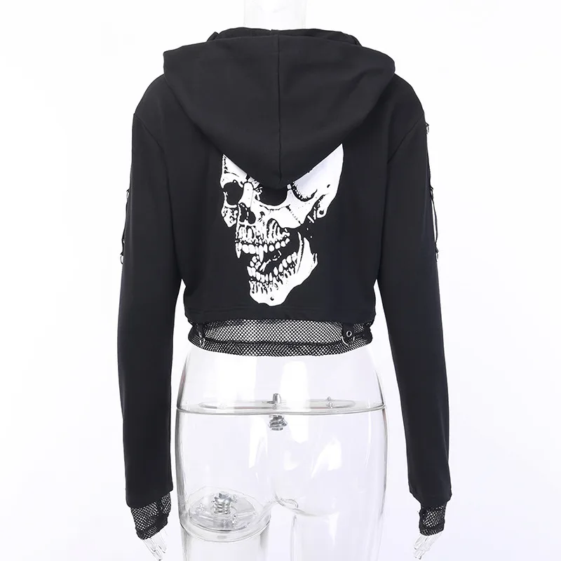 

Autumn Fashion Loose Gothic Style Print Skull Patchwork Mesh Long Sleeve SML Black Woman Casual Short Hoodies Lady Sweatshirts