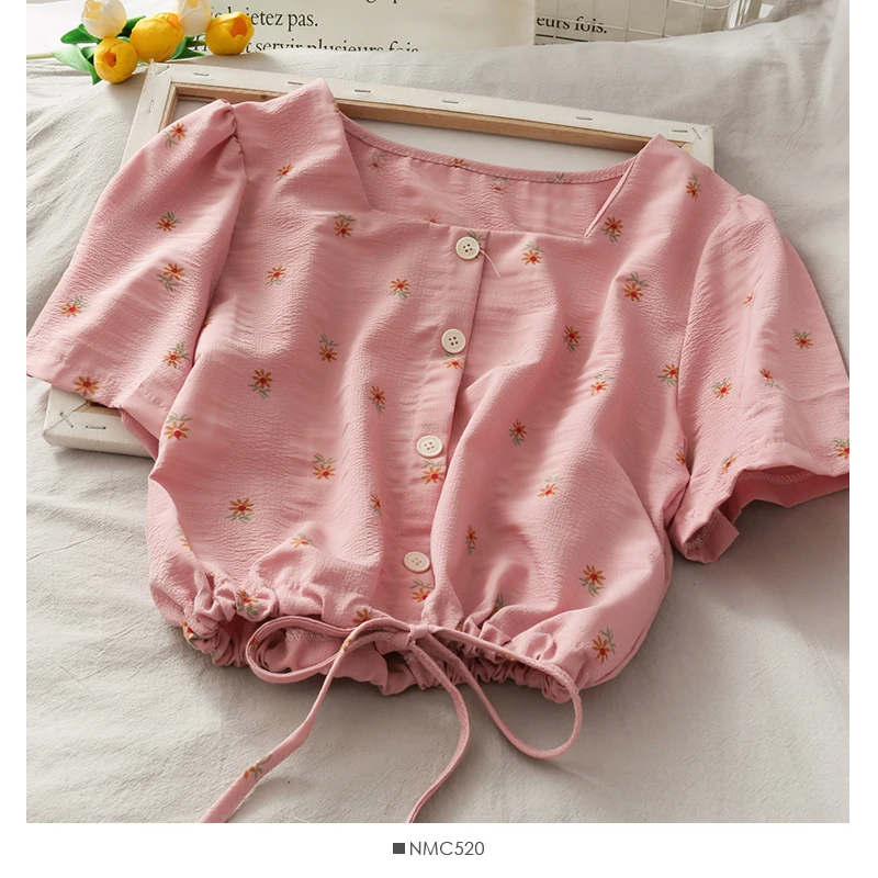 Pearl Diary Women Textured Cotton Crop Blouse Daisy Flower Print Square Neck Buttons Front Drawstring Waist Sweet Short Blouses | Женская