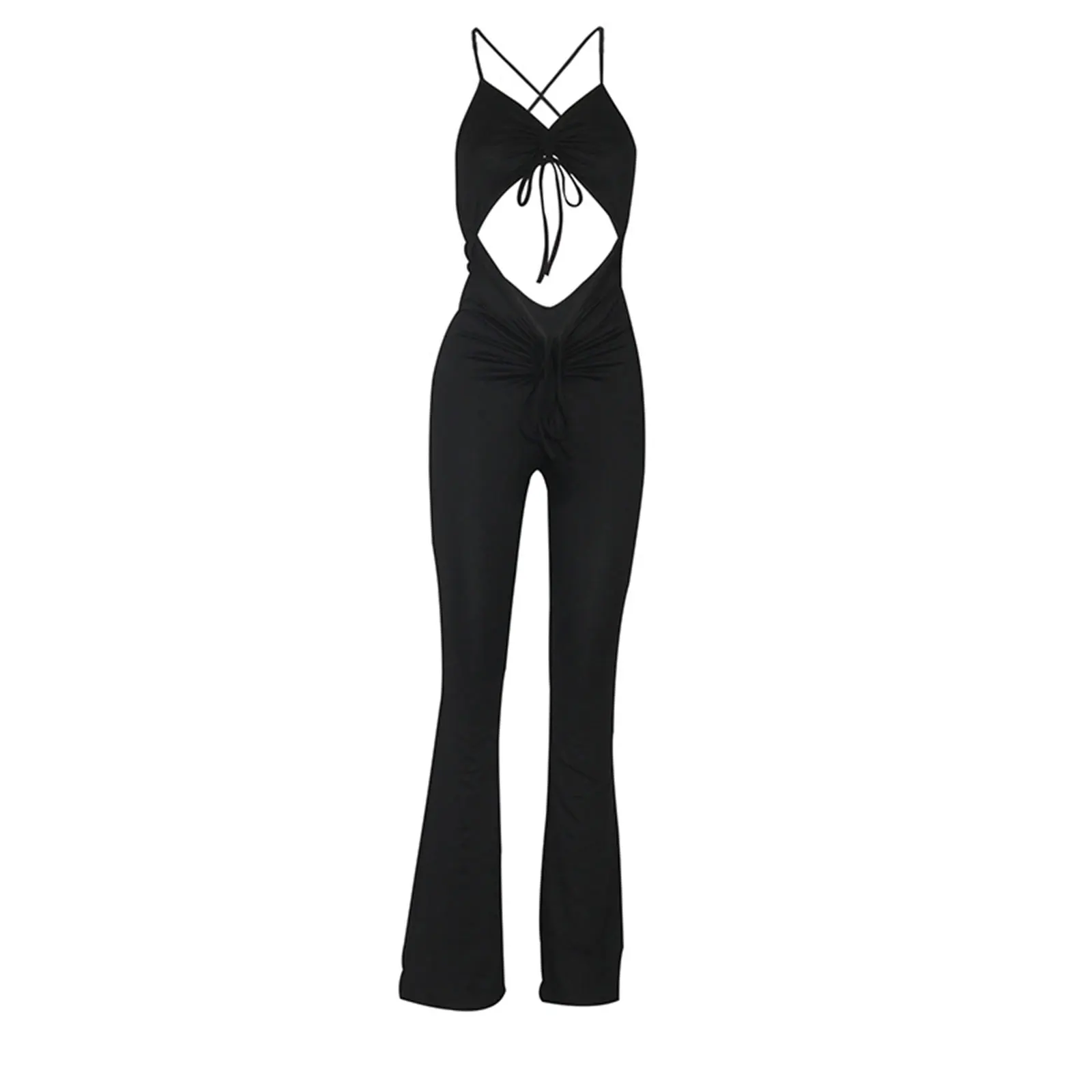 

Summer Women Sexy Backless Halter Jumpsuit Black Flared Trousers Rompers Fashion Lady Hollow Front Slim Fit Jumpsuit Clubwear