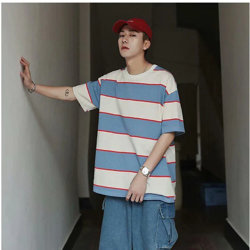 

Couple Clothing Oversized Men T Shirt Stripe Korean Fashion Short Sleeve O Neck Harajuku Hip Pop Loose Casual Streetwear Vintage