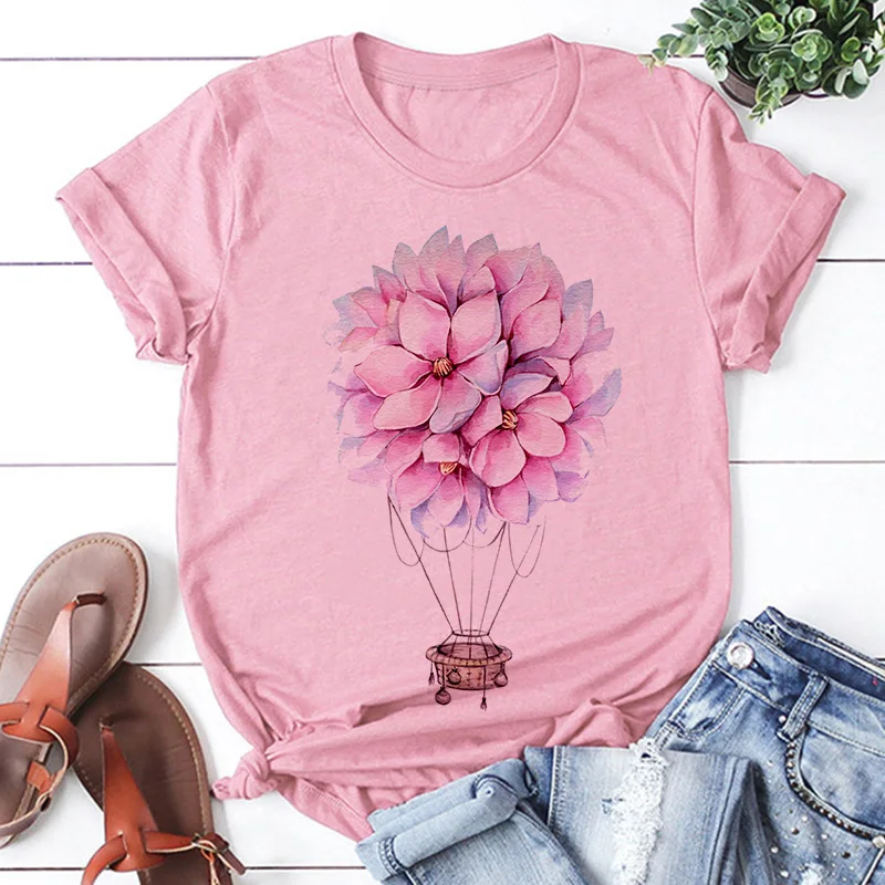 Футболка женская с цветочным принтом и воздушными шарами милая повседневная