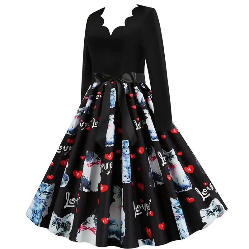 

Women Long Sleeve Vintage Dresses Sexy Flower Polka Dot Music Note Plaid Printed V-neck Rockabilly Pin up Party Dress Vestidos