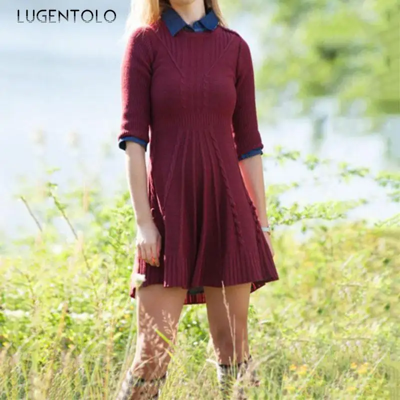 

Lugentolo Women Sweater Casual Autumn Winter Sweaters Solid Long Sleeve Slim-fit Waist Loose Female Knitted Sweater