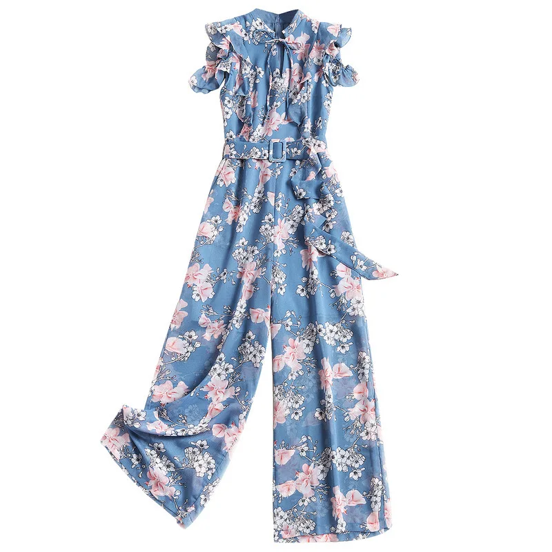 

Women summer 2020 rompers and jumpsuits designer floral print sashes bowknot ruffles sleeve chiffon jumpsuit overalls