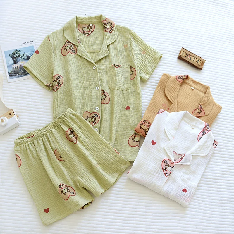 

Summer Crepe Ladies Pajamas Cotton Short Sleeve Shorts Sleepwear Loose Ladies Two-piece Lounge Wear Cartoon Loose Home Clothes