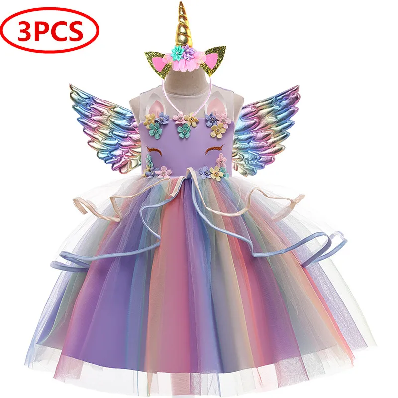 Christmas Dress for Girls Princess Formal Petals Kids Vestidos Children Unicorn Party Girl's Clothes Cosplay Costume | Детская