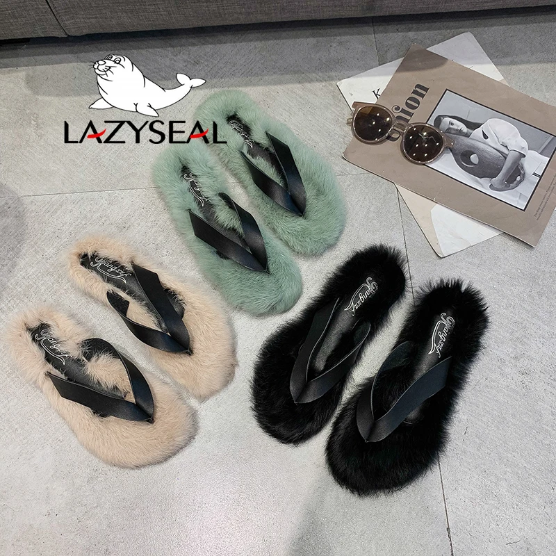 LazySeal обувь с разноцветным мехом; женские Вьетнамки; Новинка; Модные женские домашние тапочки на Плоском Каблуке; сезон осень-зима; женские шлепанцы без задника