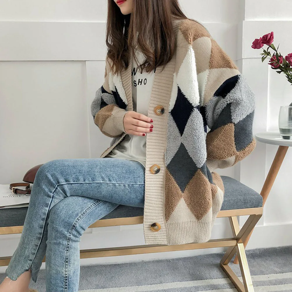 Повседневный свитер кардиган оверсайз в клетку Женский толстый теплый вязаный