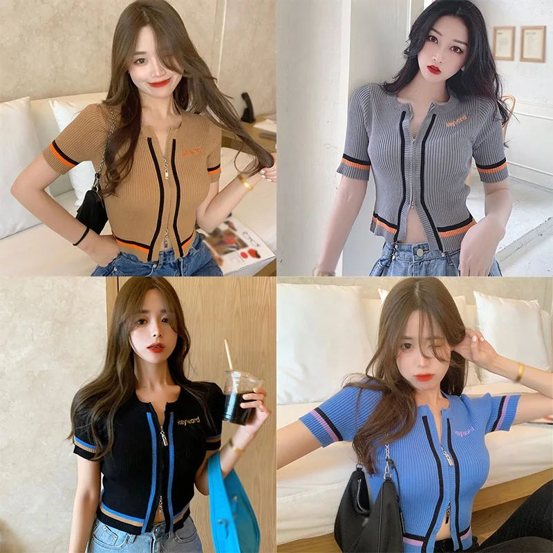 

Korean Women's Tshirts Liva Girl Female T Shirt Round Neck Tee Contrast Color Double Zipper Slim Cropped Knit Short-Sleeved Top