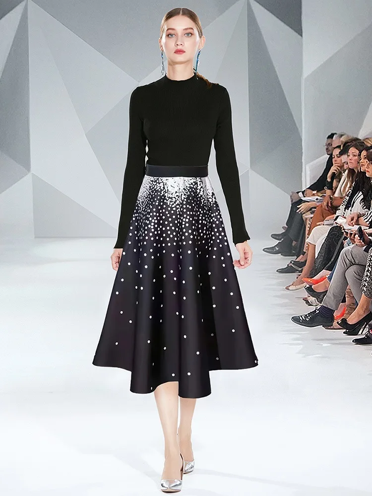 Женский дизайнерский элегантный костюм с юбкой черный вязаный свитер длинным