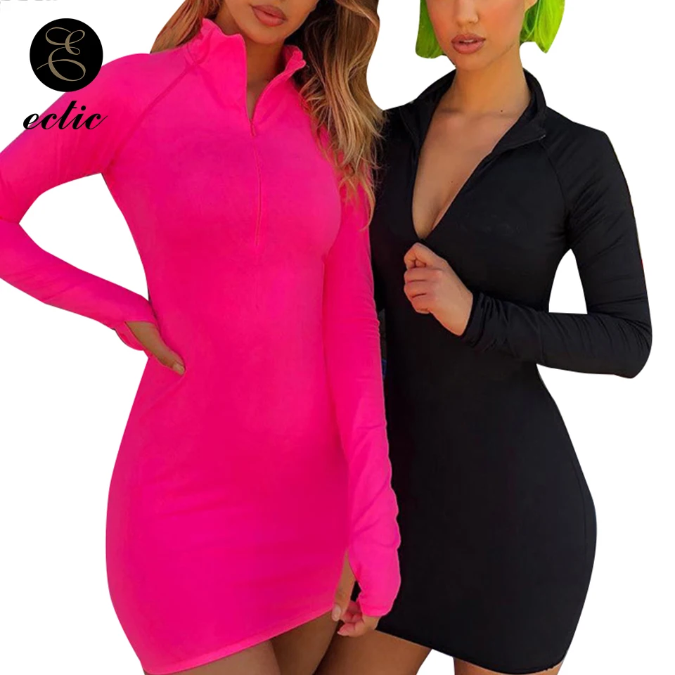 

Tight Turtleneck Bodycon Dress Robe Zipper Femme Ete 2021 Neon Green Fluorescent Dress Thumb Hole Sukienka Sport Dress For Women