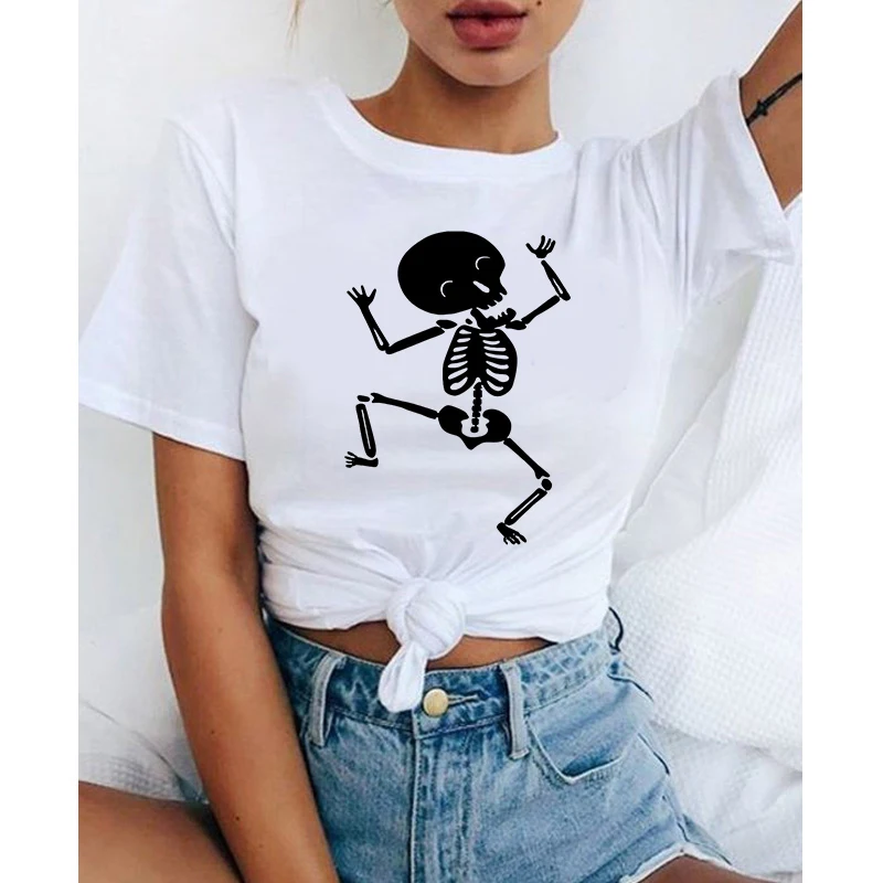 

O-neck T-shirt Vintage Vogue Ullzang Mujer_T-Shirt Graphic Tees Tops Dancing Skull Tshirts Women Funny T Shirt
