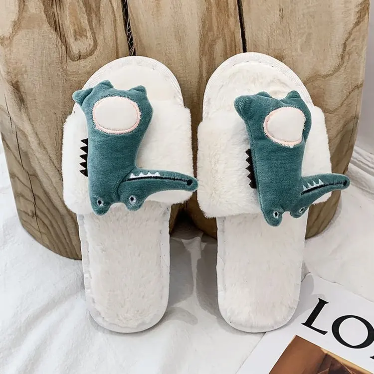 Autumn and Winter New Style Cotton Slippers Ladies Dinosaur Slippers Household Slippers Flat Slippers Women Furry Slippers Women