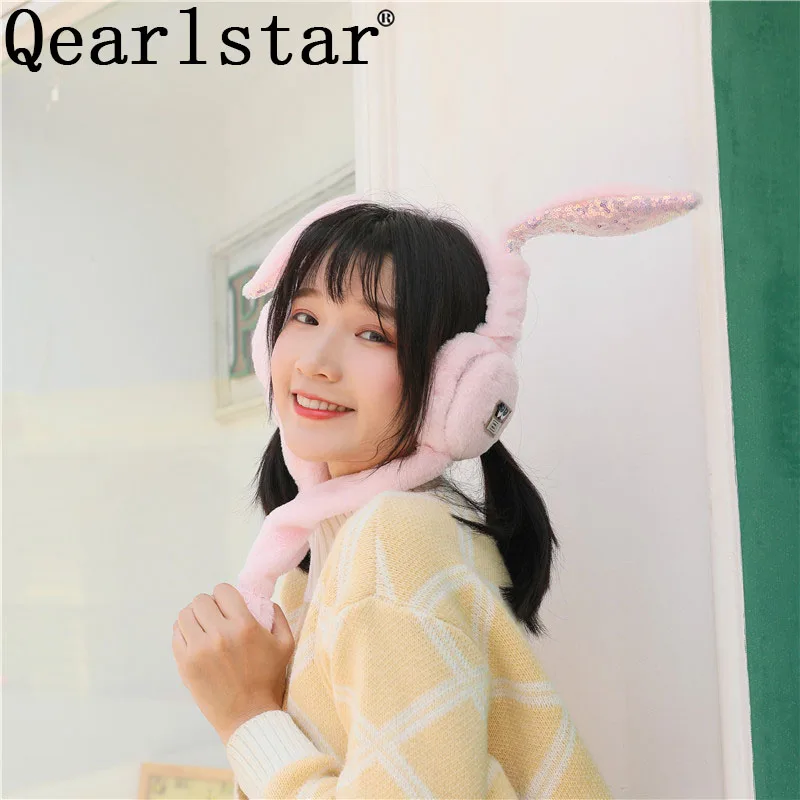 light pink Qearlstar милые теплые наушники для девочек, женские детские наушники с искусственным кроличьим мехом, украшенные пайетками, дизайн с кроличьими ушками, Ушная крышка DW40 - Цвет: light pink