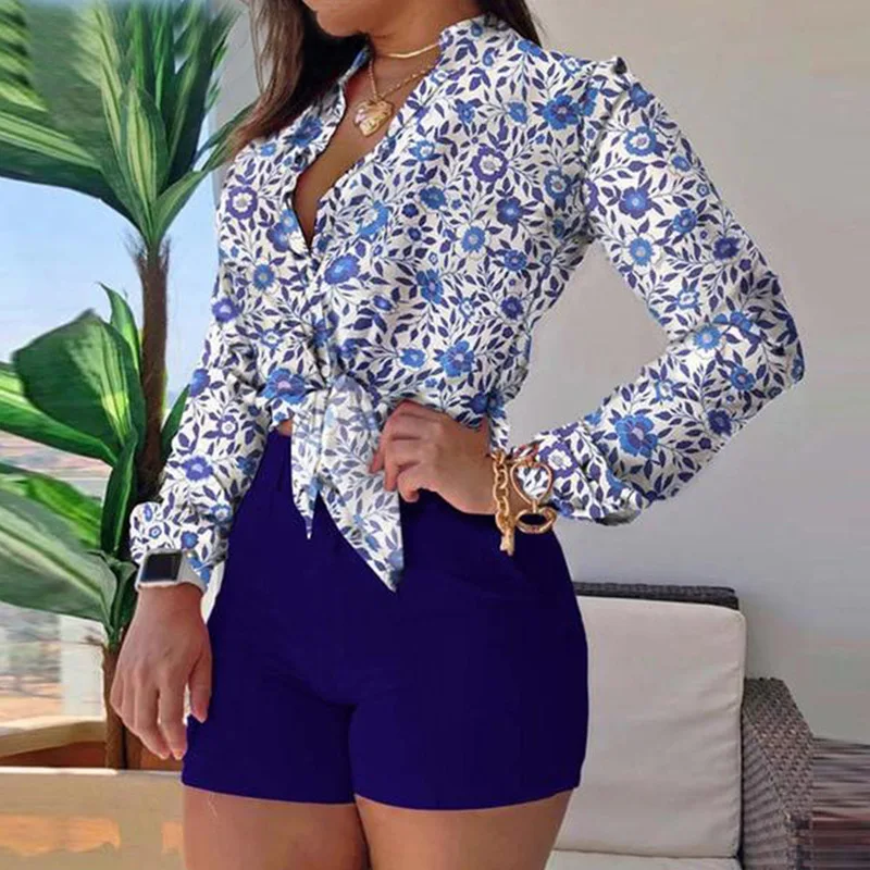 

Plants Tropical Print Long Sleeve Tie Front Crop Tops & Shorts Set Women Two Piece Set