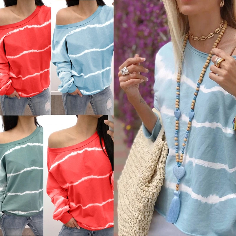 

Women Autumn Tie-Dye Stripes Sweatshirt Long Sleeve Round Neck Pullover Tops Sexy Drop Shoulder Oversized Loose Tee Shirts S-2X