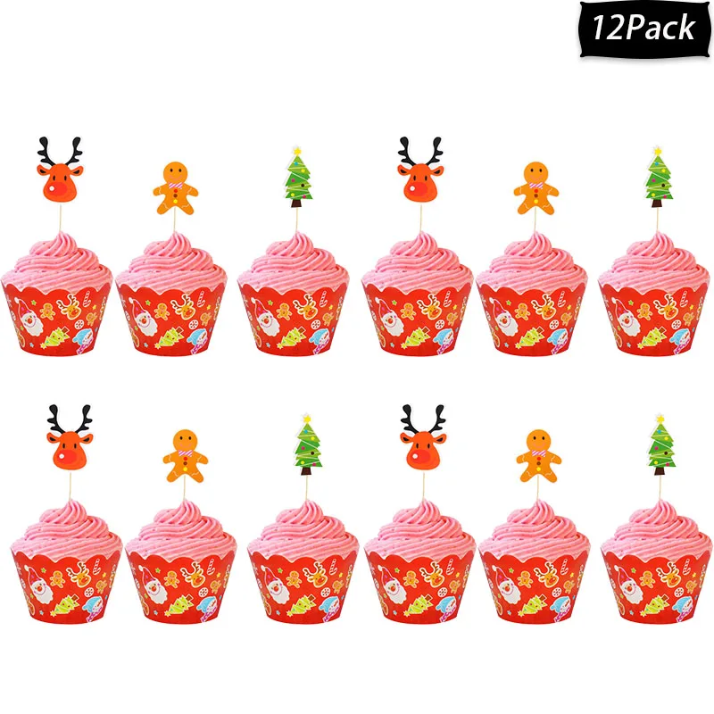 12sets cupcake-B Рождественские обертки для выпечки кексов, новогодние вечерние Декор кекса, украшения для рождественской вечеринки, Санта-торт-снеговик - Цвет: 12sets cupcake-B