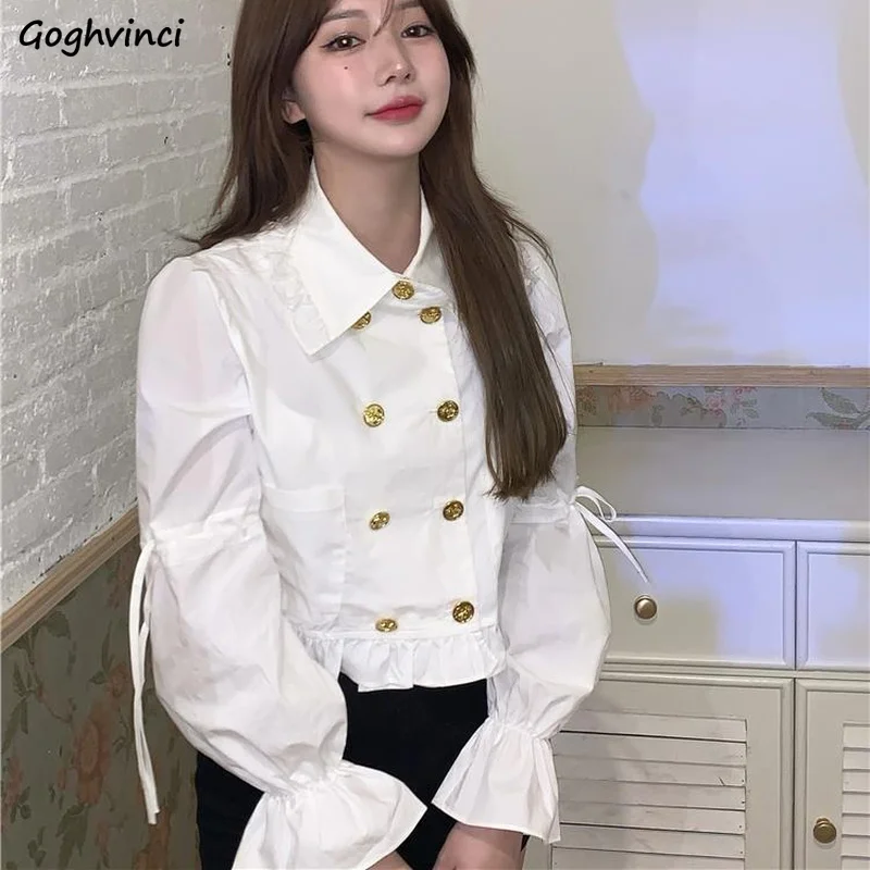 

Women Temperament Shirts Long Sleeve Double Breasted Princess Designer Solid White Fresh Slender Korean Style Hipster Crop Top