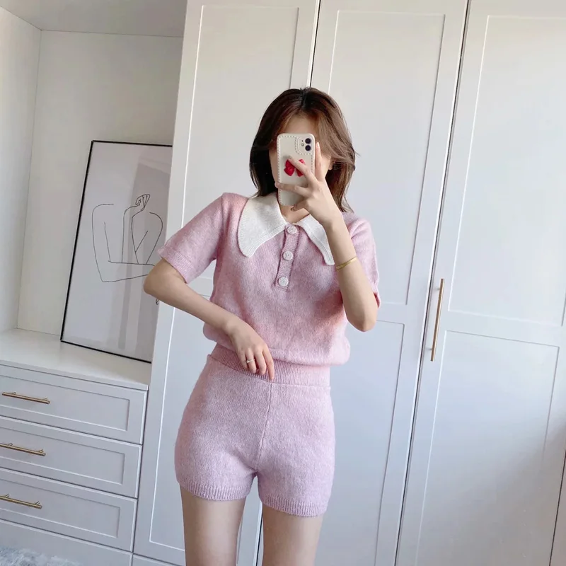 

LVWOMN Women Jumpsuit Za 2021 Pink Short Sleeve Knitted Skinny Bodysuit Women Lapel Casual Chic Body Top Short Knit Jumpsuit