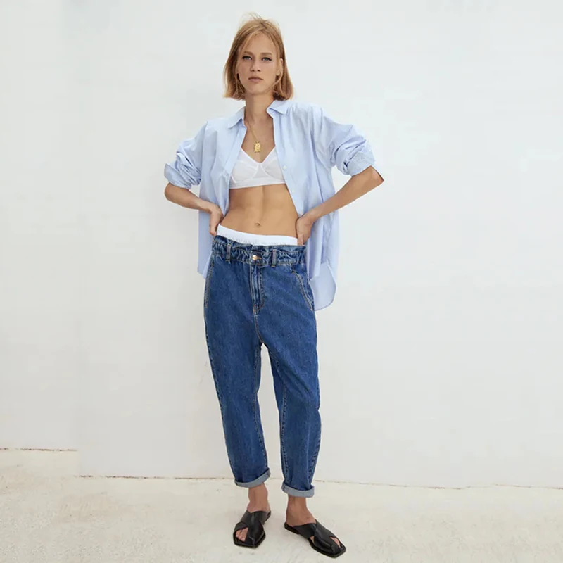 

Uniera 2021 Za women's fall new fashion versatile trend slim paper bag casual women's loose blue washed jeans trend