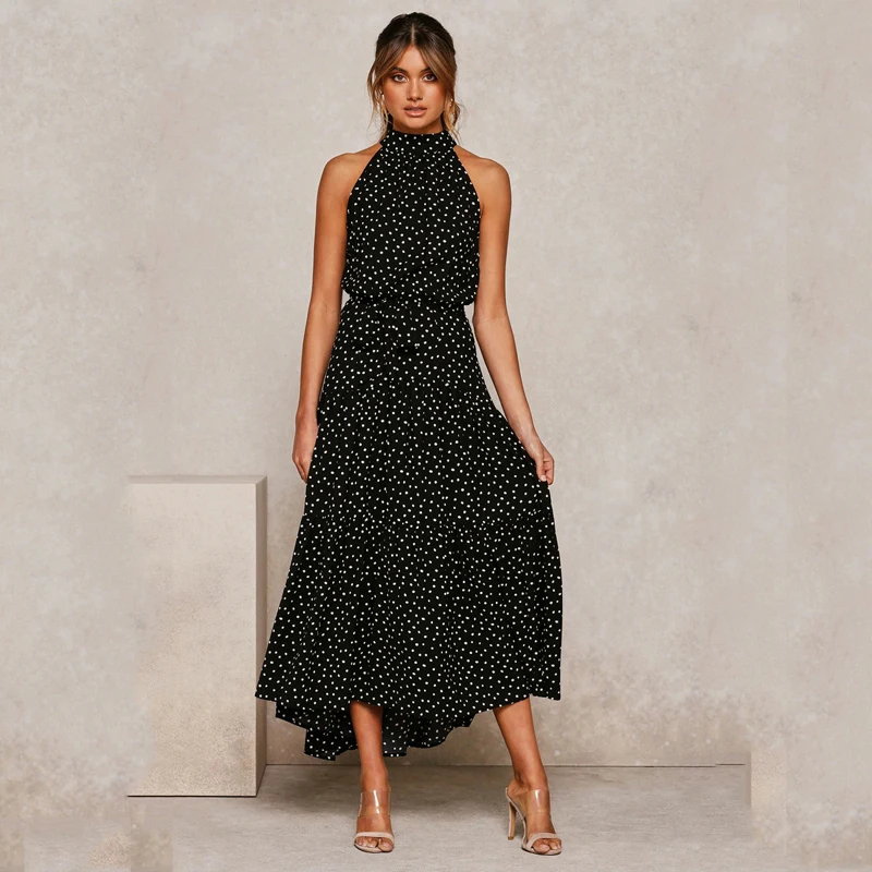 

NORMOV Summer Long Dress Polka Dot Casual Dresses Black Sexy Halter Strapless 2021 Yellow Sundress Vacation Clothes For Women
