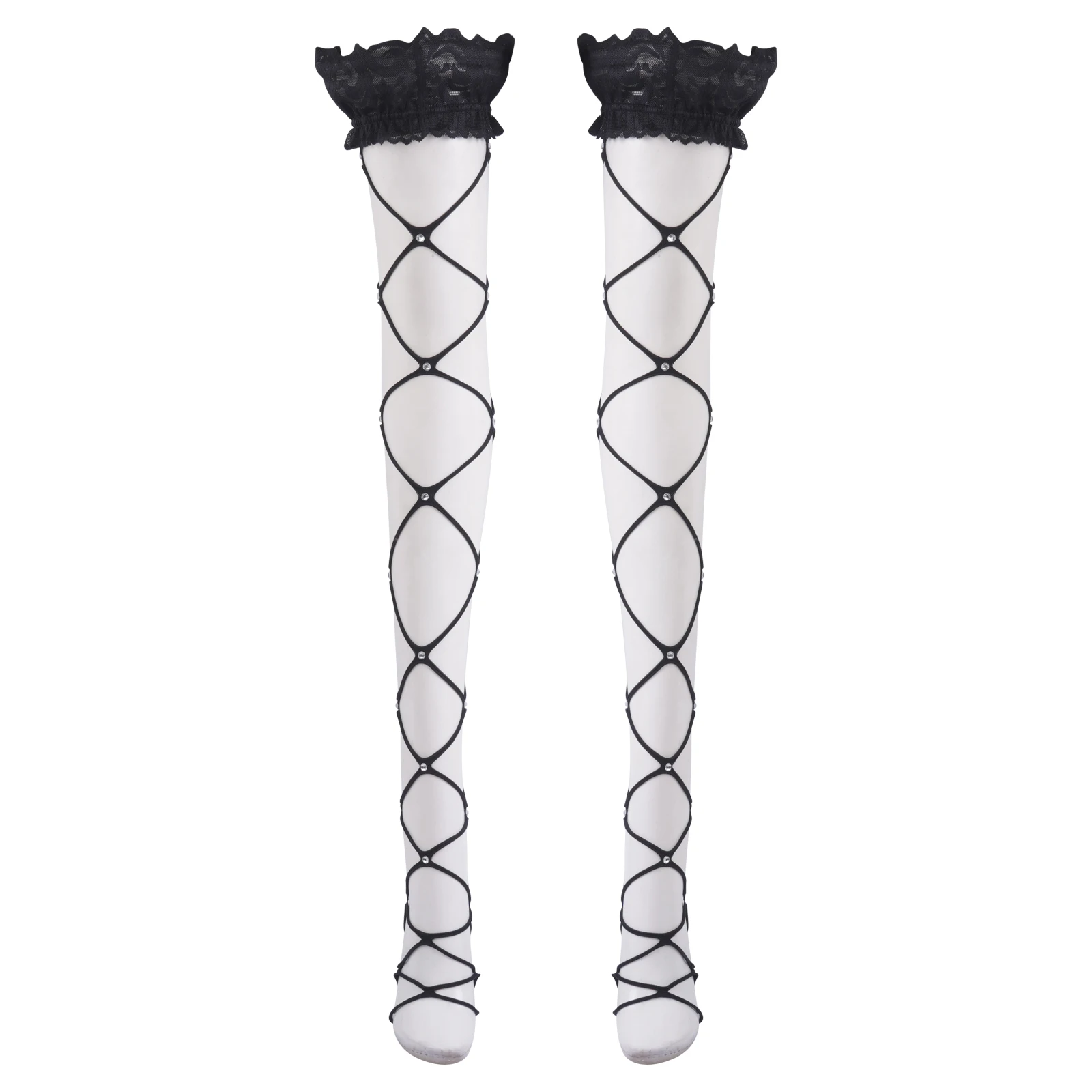 

Women Lace Silicone Thigh Crisscross Straps Style Point Drill Stockings Ladies Long Tube Socks for Nightclub Party
