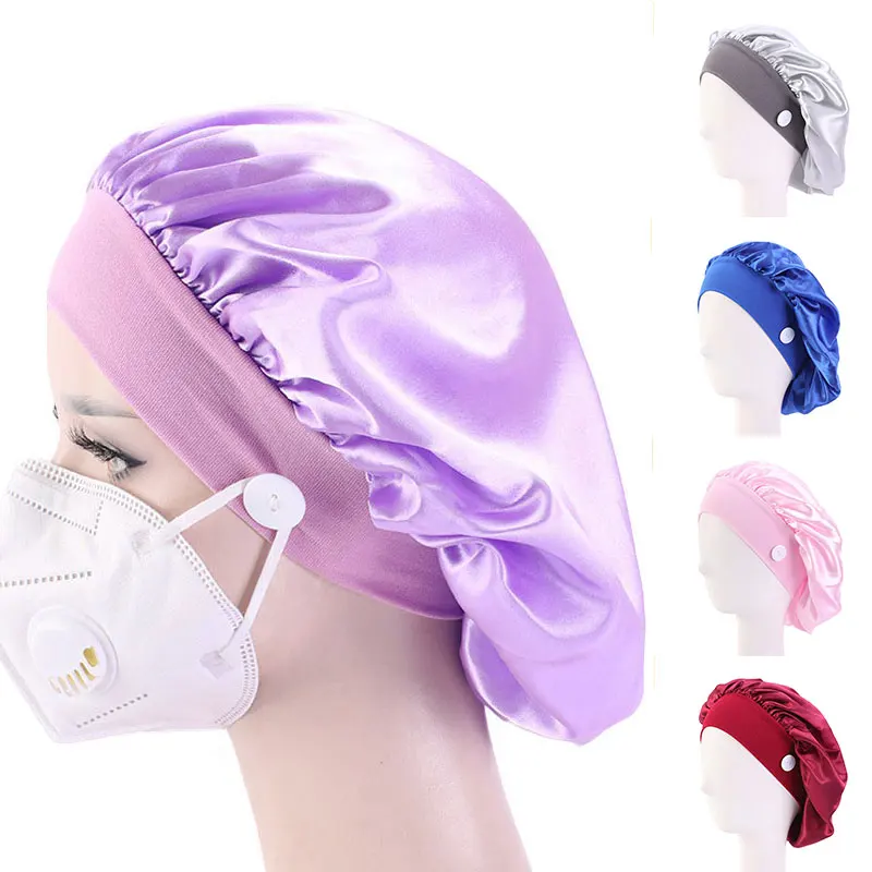 

Stretch Wide Brim Headband Satin Hat 1PC Elastic Fashion Night Cap Solid Color Women Nurse Hat Beautiful Long Hair Cap