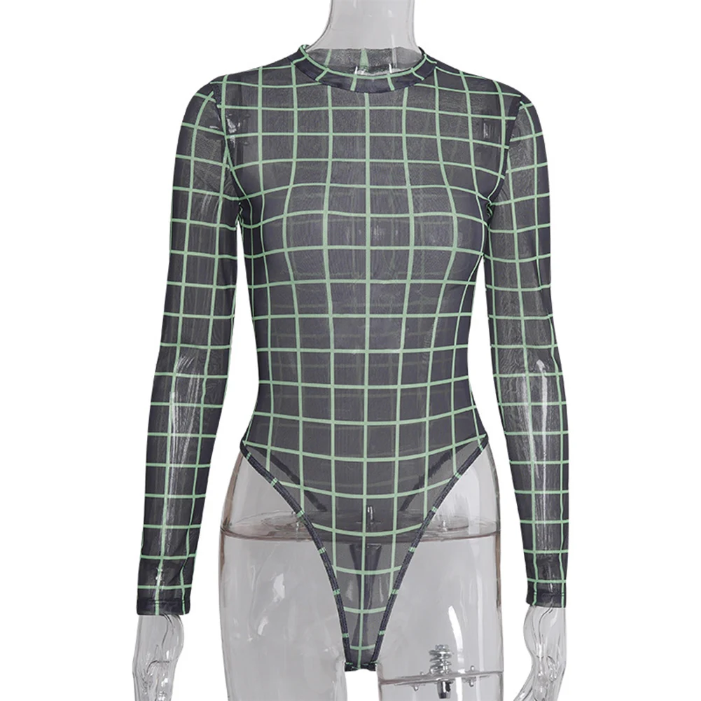 

Women Sexy Mesh See-through Plaid Jumpsuits Fashion Long Sleeve O Neck Skinny Bodysuits Autumn Spring Casual Tops