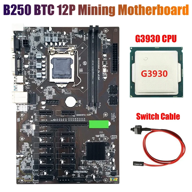 

Материнская плата для майнинга B250 BTC с процессором G3930 + кабель коммутатора LGA 1151 DDR4 12x, слот для графической карты SATA3.0 для майнинга BTC