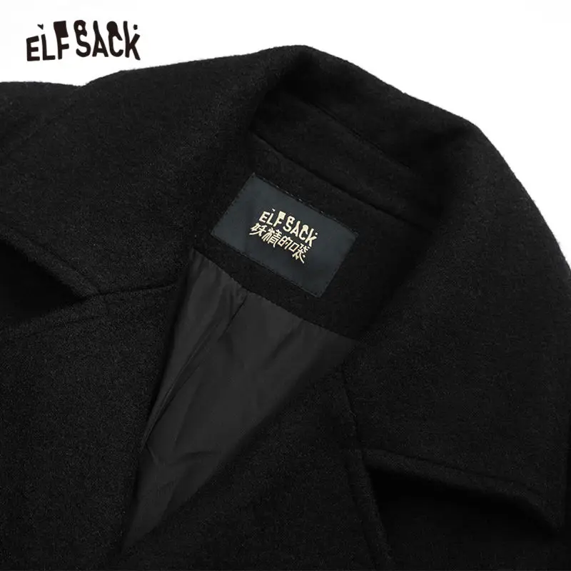 Женское прямое шерстяное пальто ELFSACK черное однотонное двубортное с поясом и