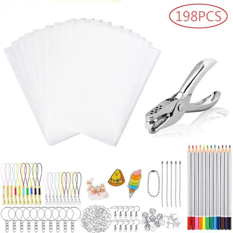 

33/145/198 PCS Shrinky Plastic Kit Heat Shrink Sheet Art Paper Hole Punch Keychains Pencils Drawing Supply Creative Charms Maker